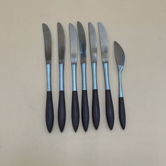 7 VTG Epic MCM Flatware Wood Handle Stainless Steel Dinner Knives Silverware - Picture 2 of 4